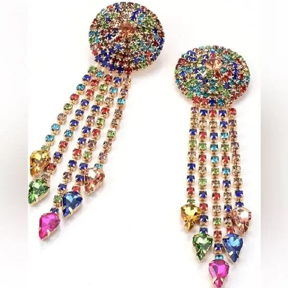 New Sphere Multi Rainbow Chandelier Dangle Arrow Fringe Sterling Silver Earrings - Picture 2 of 10